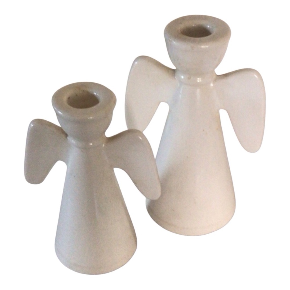 Angel Candle Holders - Set of 2 - 5.5” & 6.5” Tall - White Ceramic - Vintage